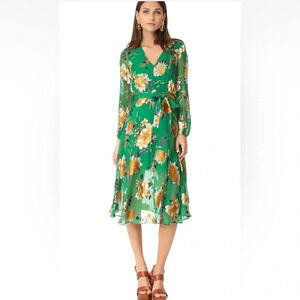 Alice + Olivia Coco Floral Silk Plunging V-Neck Midi Dress Green Size 6